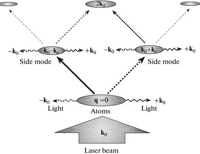 Fig. 1. (Color online) A fanlike atomic side mode pattern up to second order sequential superradiant scattering.