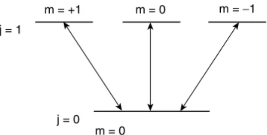 Figure 4. Scheme of transitions between the triple degenerated excited state j j ¼ 1; m ¼ 0; 1i and ground state j j 0 ¼ 0; m ¼ 0i in a two-level atom with the dipole transition.