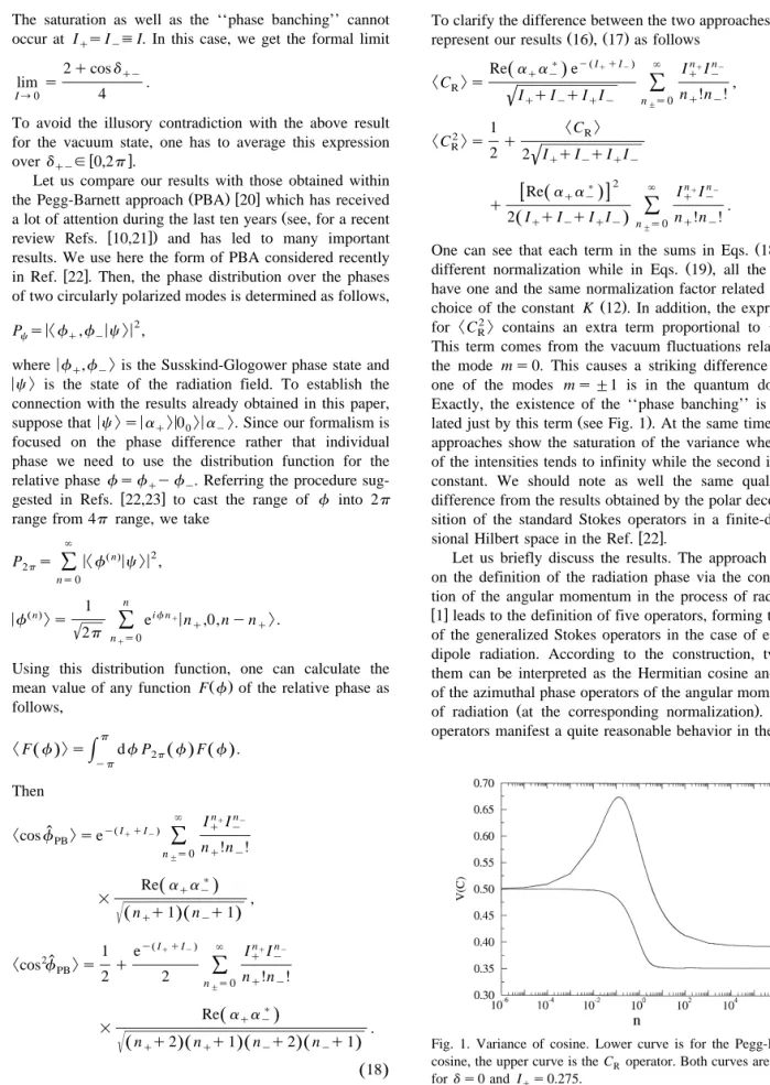 Fig. 1. Variance of cosine. Lower curve is for the Pegg-Barnett cosine, the upper curve is the C R operator