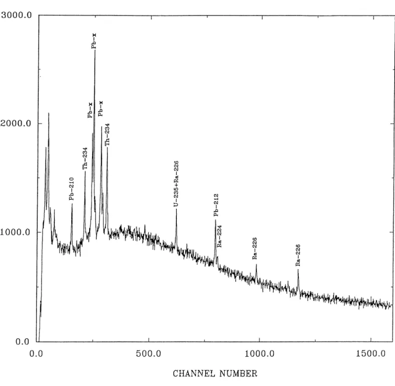 Figure  9:  The 7  ray  spectrum  of the  sediment  at  the  top  section  of BC-1  core  taken  from  southern  coast  of Spain.The  counting time was  2.5x10^  sec.