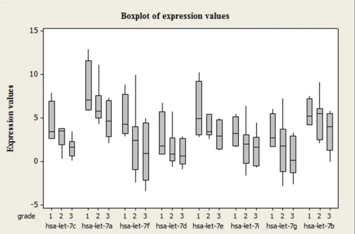 Fig 3. Boxplot of let-7 family expression levels. A consistent decrease in the expression levels of let-7 family members is observed from grade 1 to grade 3 tumors (n = 21).