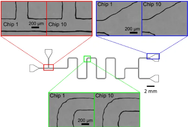 Figure 6.   Optical microscope images of the selected regions of the first and tenth chips obtained from the same PDMS reusable MM