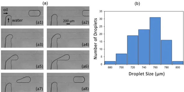 Figure 8.   Monodisperse microdroplet generation using the fabricated model device. (a) Optical microscopy images (Omano OMFL600)  of the generation of a water droplet in silicone oil in a time sequence