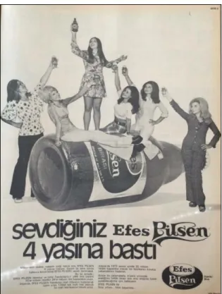 Figure 2. A 1970s’ beer advertisement, showing women toasting beer, represented women’s  freedom to consume it with great joy  
