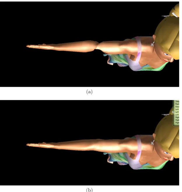 Figure 4.3: Comparison of a -90 ◦ yaw rotation on the forearm with: (a) single and (b) double-boned skinning.