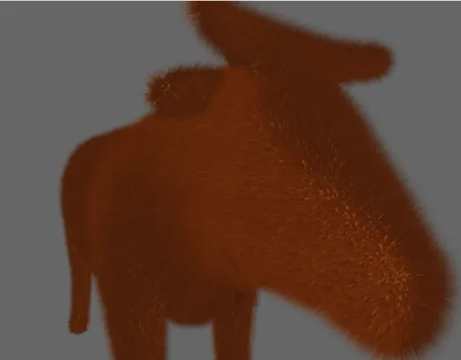 Figure 3.12: A bull rendered with our fur rendering method − → B = (u 3 − u 1 )(p 2 − p 1 ) − (u 2 − u 1 )(p 3 − p 1 ) (v 2 − v 1 )(v 3 − v 1 ) − (u 2 − u 1 )(v 3 − v 1 ) (3.2) − → N = − → T × − →B (3.3)