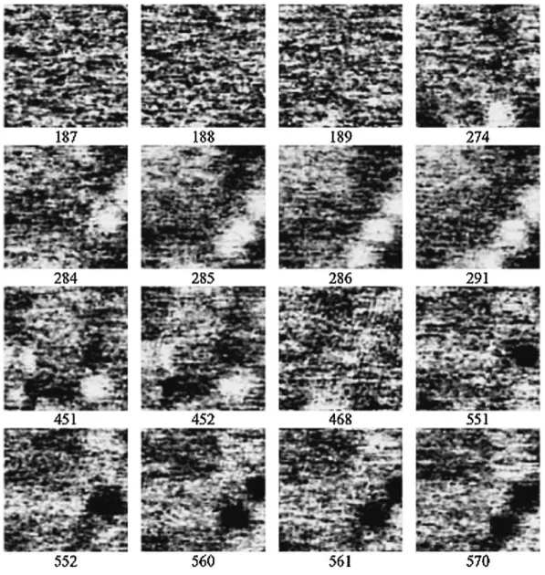 Fig. 5. Snapshots from the vortex–antivortex annihilation movie obtained during a 6 Oe B–H curve