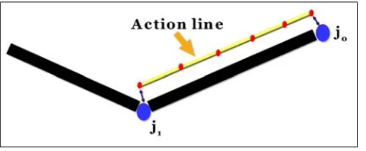 Figure 2: The structure of an action line: control points and forces on these points