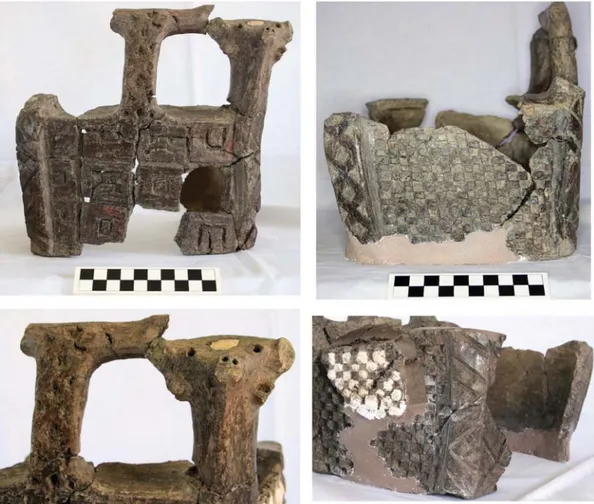 Fig. 8. Photos of ceramic “box” (likely an andiron) with bull’s head and incised  (once entirely white-ﬁlled) decoration from bin in trench LSS 3.