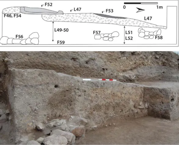 Fig. 11. Top: section drawing (west section) of “ledge” excavated in ST 2 in  2015; bottom: photo of same ST 2 ledge looking northwest.