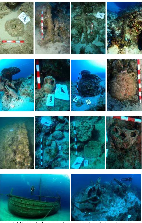 Figure 6.2. Various find types, such as stone anchor, stock anchor, amphora,  pithos , architecture, ballast stone, millstone, touristic and historic wreck (photos  by O