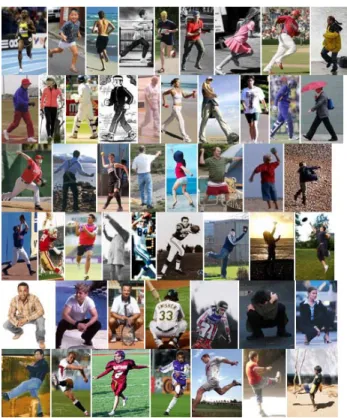 Figure 5. Examples for correctly classified images of actions running, walking,  throw-ing, catchthrow-ing, crouchthrow-ing, kicking in  consec-utive lines.