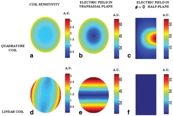 FIG. 6. Transmit sensitivity (a and d), electric field in the trans-axial plane (b and e) and electric field in the f ¼ 0 half-plane (c and f) generated by implant-friendly coils and implant-friendly homogeneous coils