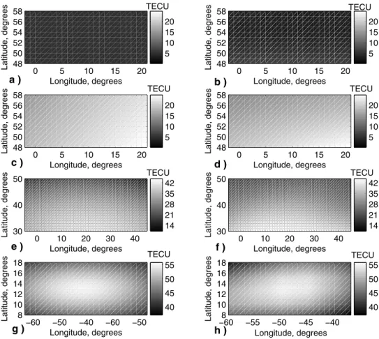 Figure 1. Trends used in the generation of synthetic TEC surfaces (a) constant, (c) linear, (e) second order, and (g) Gaussian are compared to their GIM equivalents in (b) 1 April 2003 0200 UT, (d) 1 April 2004 1000 UT, (f) 23 May 2004 1200 UT, and (h) 1 A