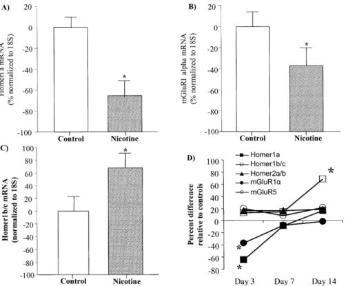 Fig . 8. A comparison of the mRNA levels of (A) Homer1a and (B) mGluR1a at day 3 and (C) Homer1b ⁄ c at day 14 in the nucleus accumbens of control and nicotine-treated rats