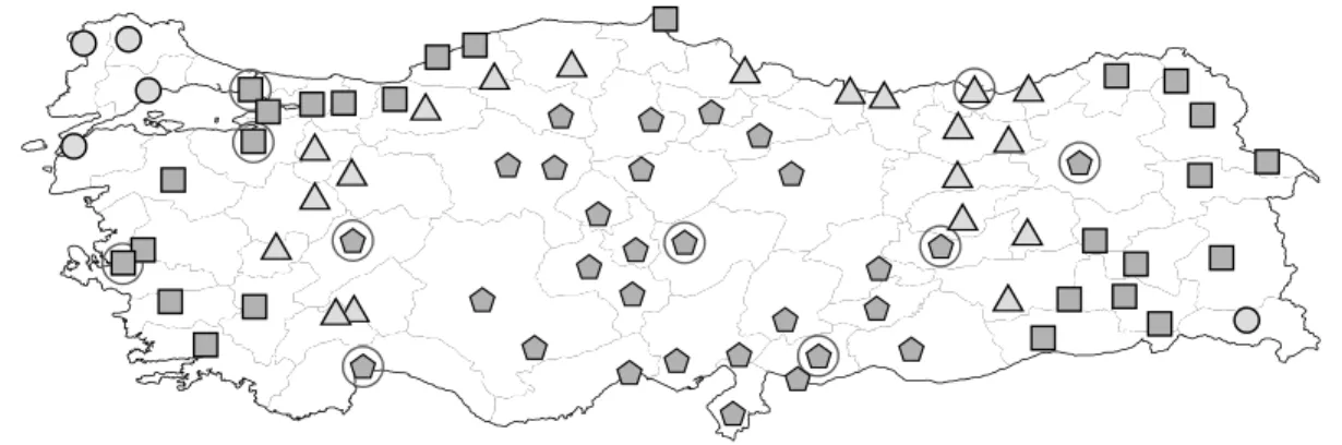 Figure 5. The solution for the uniform arrival model and the Turkey data with 10 hubs.