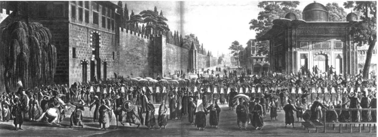 Figure 3.15 Marching ceremony of the Sultan at Bab-ı Hümayun by Melling (Melling, 1969).