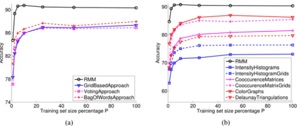 Fig. 5. Performance of the algorithms as a function of the training set size: (a) The test set accuracies of the algorithms that use features similar to those of the RMM and (b) the test set accuracies of the algorithms that use features different than tho