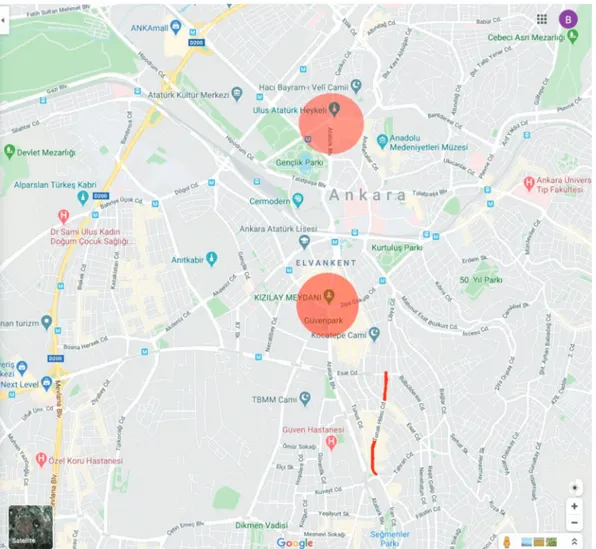 Figure  1.  Tunali  Hilmi  Street  and  the  CBD  of  Ankara  (adapted  from  google.maps)