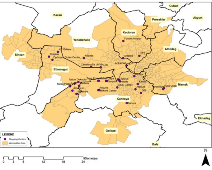 Fig. 11 shows the locations of shopping centres in Ankara as of 2013, when the number of shopping centres increased significantly to 37 from 29 in 2010.