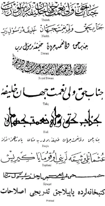 Figure 2: Some Calligraphy Styles in Ottoman Script. The last row is a printed (matbu) type  writ-ing style, which we used in our experiments.