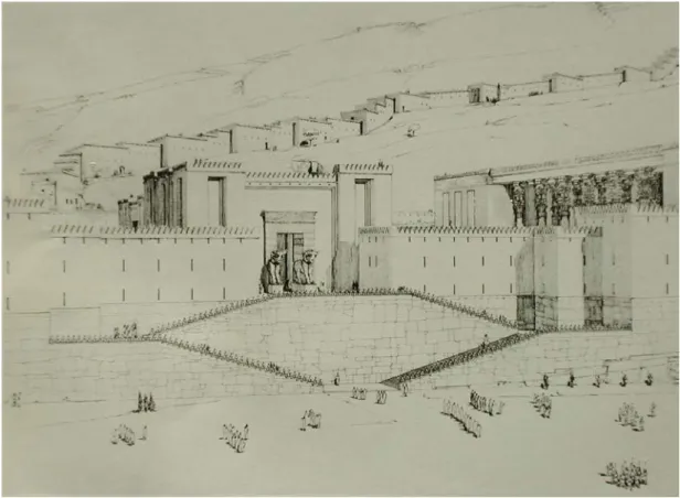 Fig. 10. Reconstruction of the west façade of Persepolis citadel and stairs (Root, 1990: 117) 