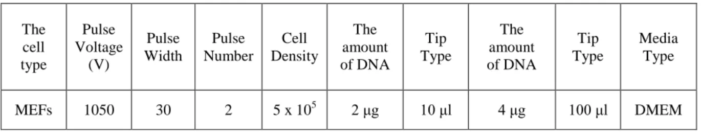 Table  3.4.  Optimal  conditions  for  electroporation  of  plasmid  DNA  to  MEFs  with  Neon  Electroporation Kit