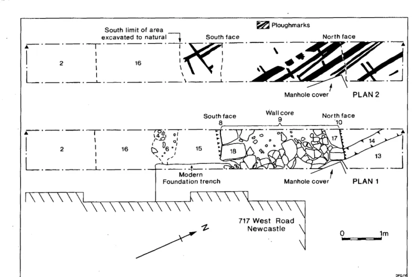Fig.  2 717j  West Road,  Plan 1 shows the location o f Trench 2,  immediately west o f the standing building,  and the physical remains o f the Wall: Plan 2 depicts the ard marks revealed after removal o f the Wall fabric.