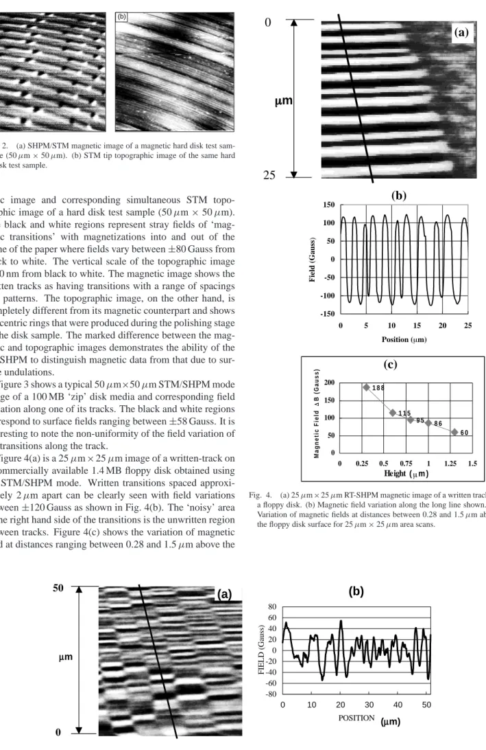 Fig. 2. (a) SHPM/STM magnetic image of a magnetic hard disk test sam- sam-ple (50 µm × 50 µm)