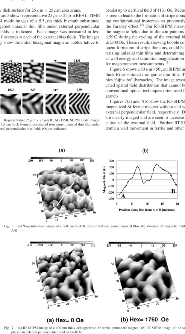 Figure 5 shows representative 25 µm×25 µm REAL-TIME SHPM mode images of a 5.5 µm thick bismuth substituted iron garnet uniaxial thin film under external perpendicular bias fields as indicated