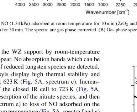 Fig. 6. (A) FT-IR spectra of NO (1.34 kPa) adsorbed at room temperature for 10 min (ZrO 2 and WZ samples) and 30 min (Pd/WZ sample), and after subsequent introduction of O 2 (2.66 kPa) for 30 min