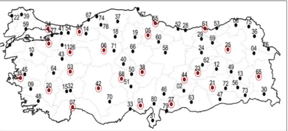 Fig. 3. Map of Turkey with cities and potential hub sets. 