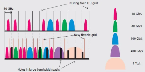 Figure 1.3: Bandwidth allocation in existing fixed ITU grid versus in flexible grid.[3]