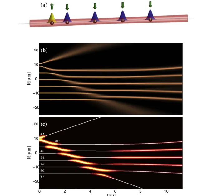 Figure 7. Adiabatic excitation transport in a one-dimensional ﬂexible Rydberg aggregate, as discussed in [78, 79]