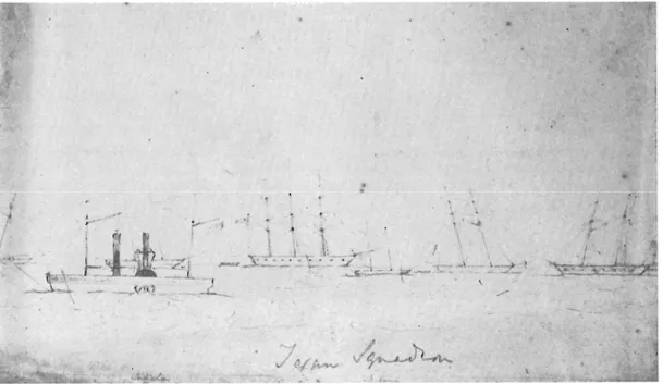 Fig.  1.  Sketch of the Texas  Fleet at Galveston by  Wil-liam Bollaert.  Zavala,  the  only  steam  vessel  in  the  fleet,  is  pictured  in  the  lower left