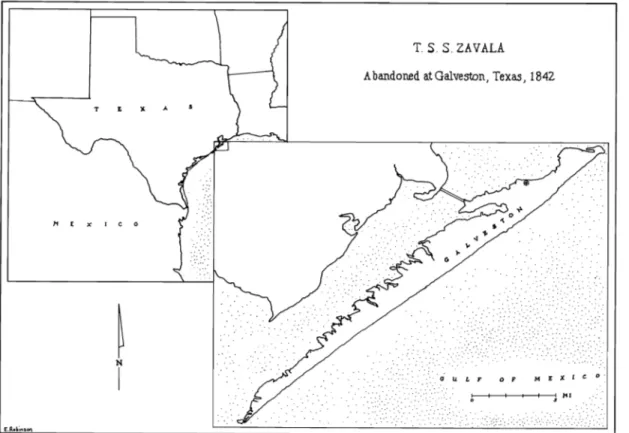 Fig. 2.  Map  showing the location of Galveston, Texas and the site of the  Zavala. 