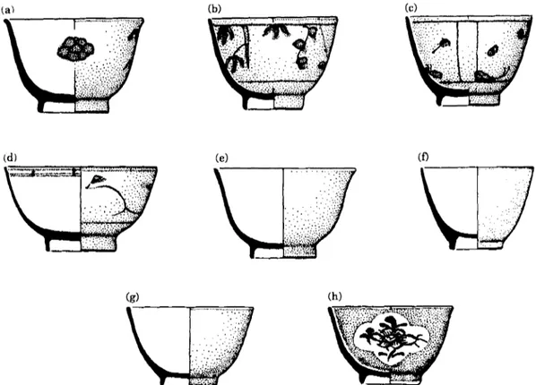 Figure  19 'Chinese  Imari'  cups  (a)  2-22  (b)  BAB  (c)  2-44  (d)  VC;  celadon  cups  (e) 2-5  (f)  2-23; 