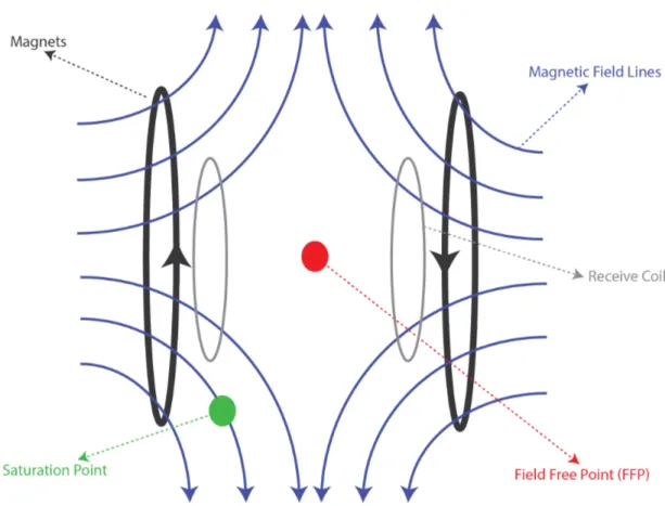 Figure 2.1: Schematic of an MPI scanner with a 2D representation of magnetic fields (blue lines)