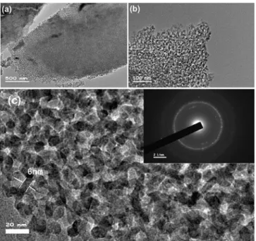 Figure 9. TEM images of mHAp films of sample A calcined at (a) 500 °C (inset: