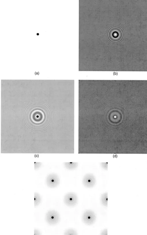 Fig. 3. Simulated data used to show the application of in-line holography: 共a兲 a small 2-D opaque object on a transparent background, 共b兲 its in-line hologram, 共c兲 the conventional reconstruction of an object from its in-line hologram, i.e., the intensity,