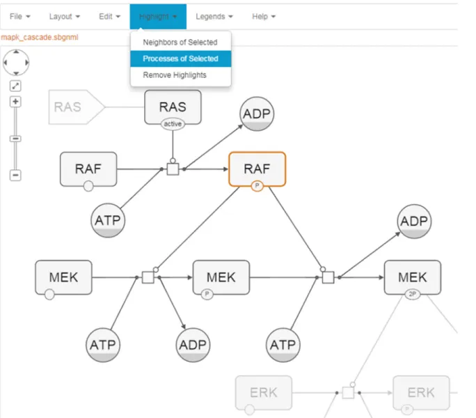 Fig 8. Sample highlight. A sample screenshot illustrating how selecting and highlighting processes of a selected protein works doi:10.1371/journal.pone.0128985.g008