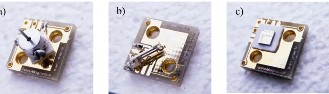 Figure 2.5: Available SPM probes: a) STM holder, b) Quartz Tuning Fork AFM  probe,    c) SHPM probe