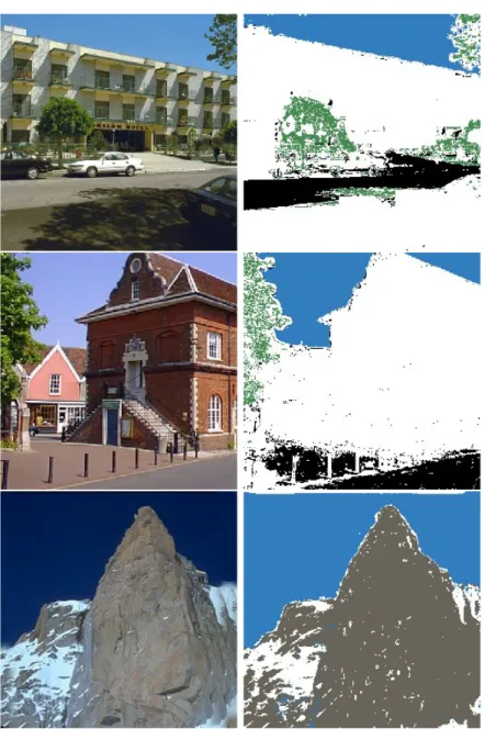 Figure 3.2: Examples for one-class classifier-based segmentation. White pixels are outlier class, blue pixels are sky, purple pixels are water, gray pixels are rock and beige pixels are sand.