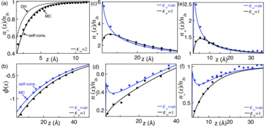 FIG. 2. Ion density and potential profiles for a symmetric monovalent electrolyte at insulator (ε m = 1 or 2) and metallic membranes (ε m = ∞)