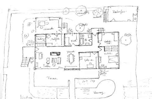 Figure 3.6   Sketch plan of As¸kan Summerhouse drawn for the renovation of the  terrace into a study