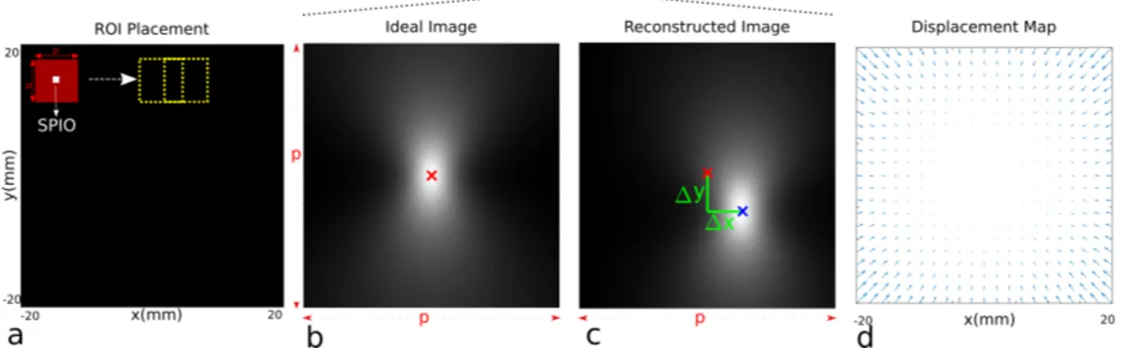 Figure 3.3: a) The FOV is partitioned into ROIs with size p × p mm 2 , which are used one at a time