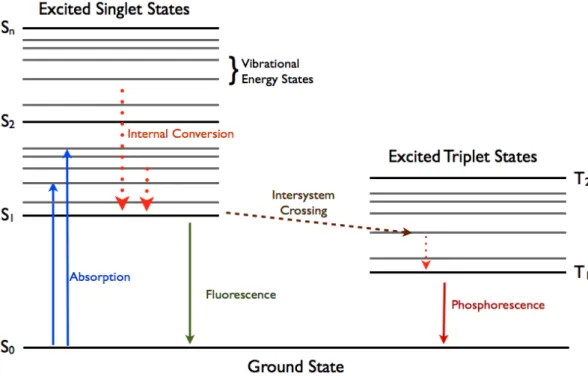 Figure 9. Perrin-Jablonski diagram and illustrations of the relative positions of absorption,  fluorescence and phosphorescence processes