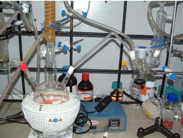 Figure 3.1.1. A picture of CdTe nanocrystal synthesis setup. Precursors are produced in  the main flask (left) and Al 2 Te 3  source is activated in the small three-necked flask (right)