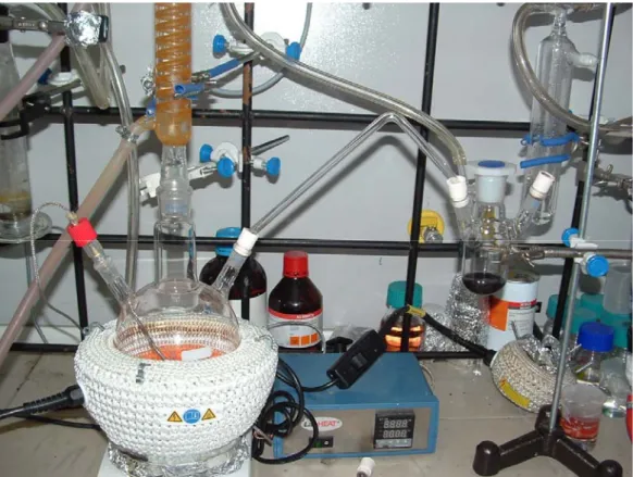 Figure 3.1.1. A picture of CdTe nanocrystal synthesis setup. Precursors are produced in  the main flask (left) and Al 2 Te 3  source is activated in the small three-necked flask (right)