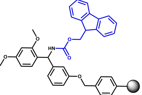 Figure 1.1. Rink amide resin, Fmoc protecting group is shown in blue color. 